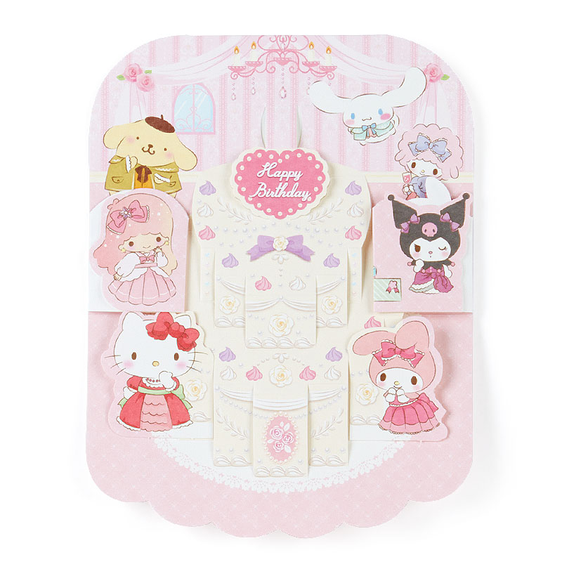 Sanrio Pop Up Birthday Card From Japan การ์ดอวยพรลายเค้กวันเกิดกับเหล่าคาแรกเตอร์ Sanrio เขียนด้านหลังได้ มาพร้อมซอง ขนาด 13.3 x 0.5 x 17.5 ซม.
