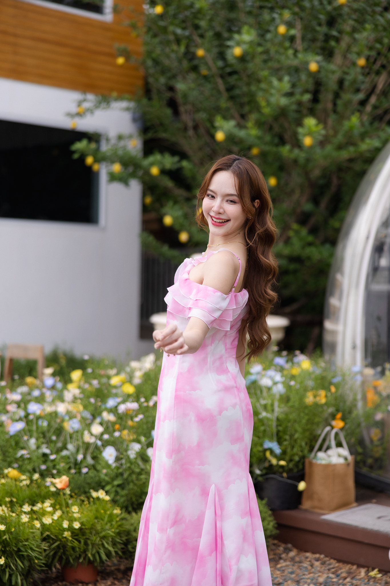 Pink Cloudy Off-Shoulder Maxi Dress ลายเมฆชมพู