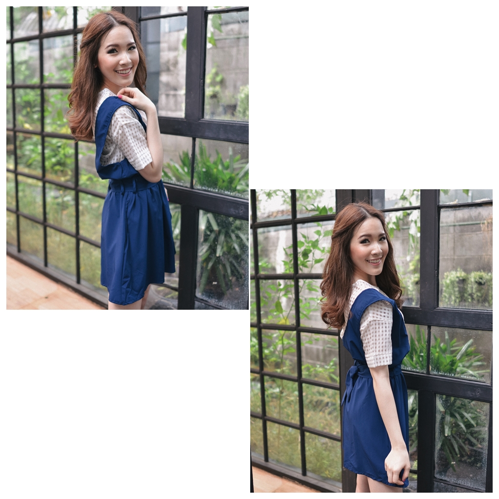 02-08 Checked See-through Blouse with Navy Jumper Dress