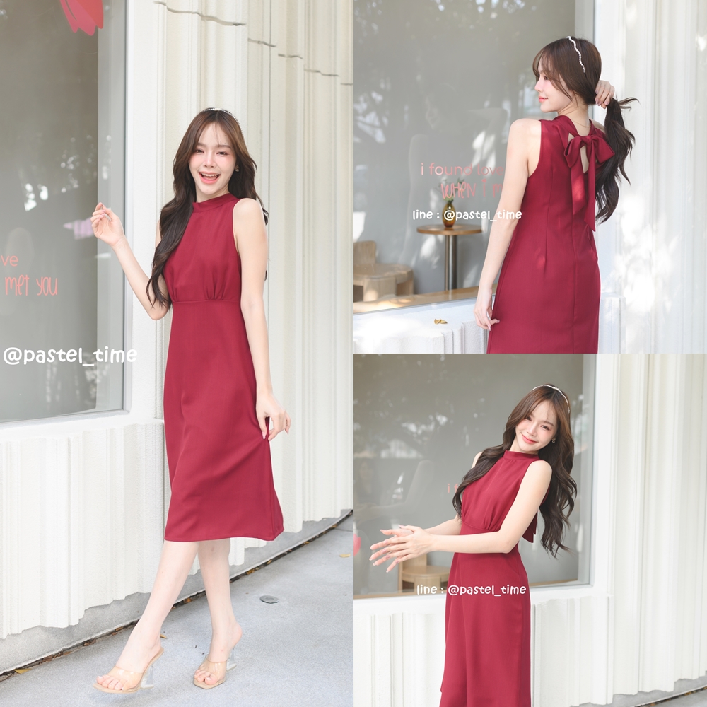 Milly Back Bow Dress : สีแดงเลือดหมู