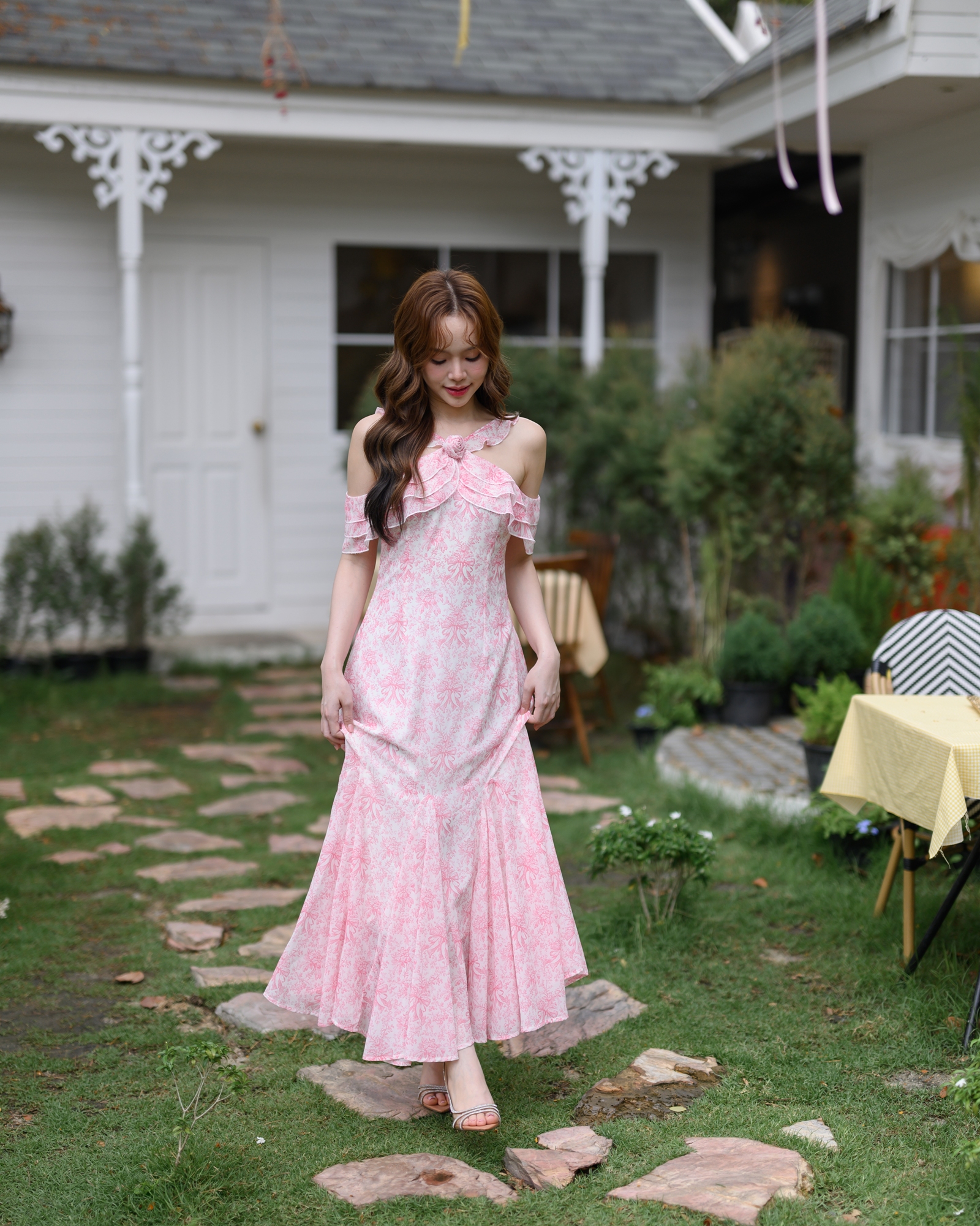 Pink Toile Bow Off-Shoulder Maxi Dress