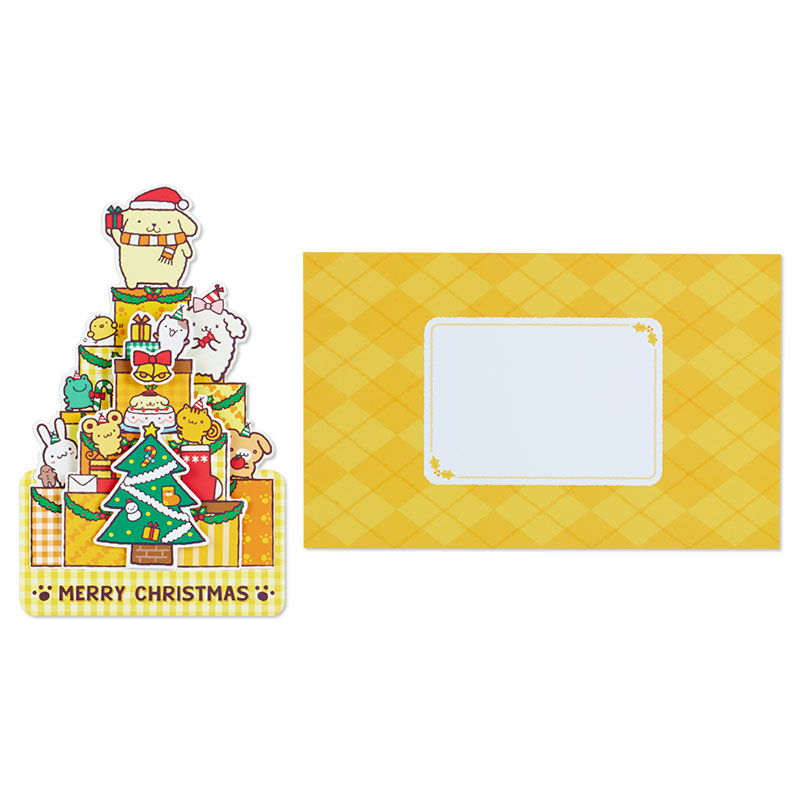 Sanrio Christmas Pop Up Card From Japan การ์ดอวยพรลาย Pompompurin กางออกมาเป็นต้นคริสต์มาสได้น่ารัก ขนาด 18.8 x 13 x 7.2 ซม.