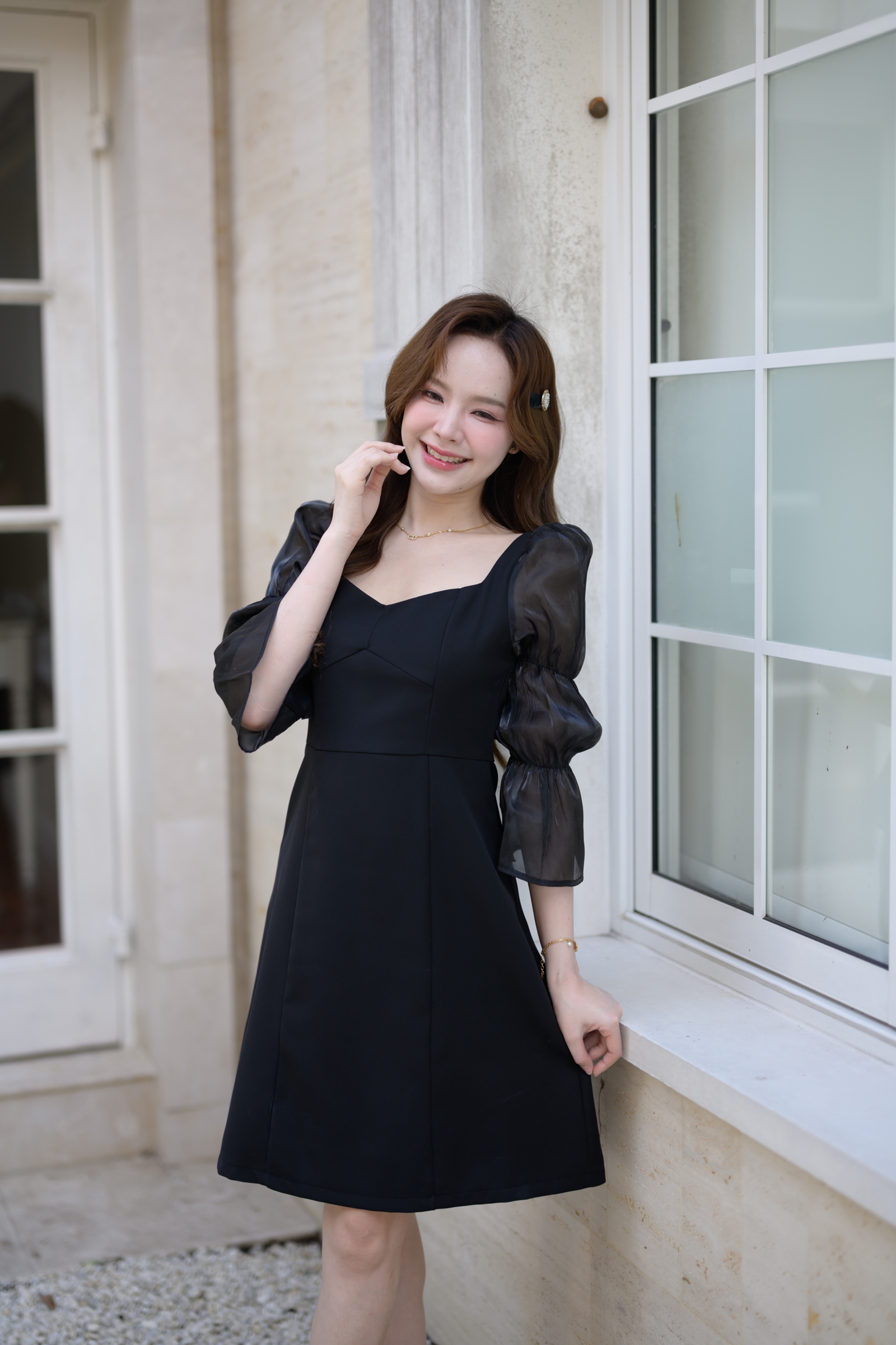 Evie Organza Puff Dress เดรสแขนพัฟ: สีดำ [Made by Pastel Time]