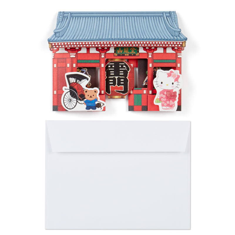 Sanrio Card - Pop up ลาย Hello Kitty Asakusa Kaminarimon (Japan Limited) ด้านบนเขียนได้ มาพร้อมซองลายน่ารัก ขนาดก่อนกาง 17.5 x 12.5 ซม.