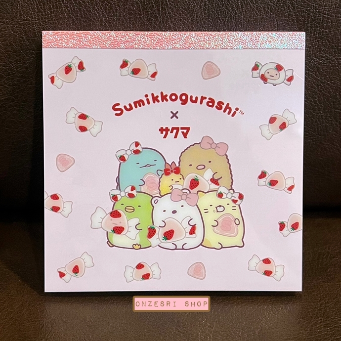กระดาษโน้ต Sumikko Gurashi x Sakuma Strawberry Milk Candy Block Memo แบบสีชมพู ขนาด 10 x 10 ซม. มี 4 ลาย รวม 120 แผ่น