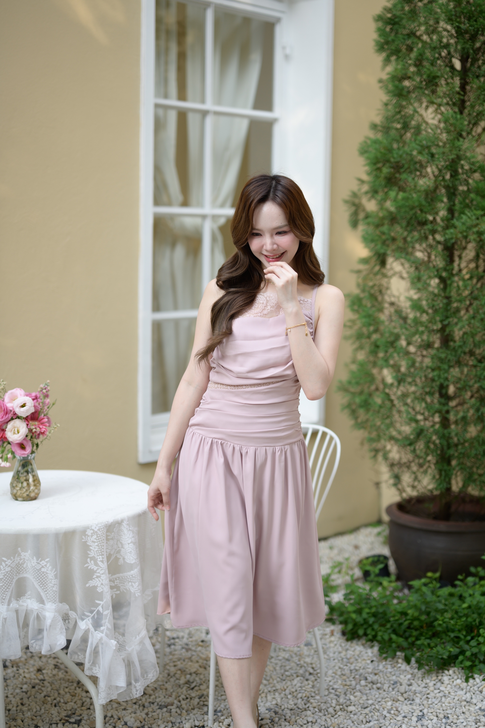 Elise Draped Lace Midi Dress : สีชมพู [Made by Pastel Time]