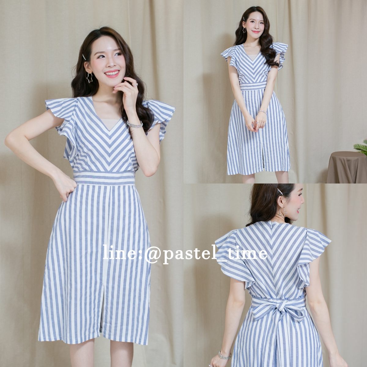 Cheryl Stripe Dress – สีน้ำเงินขาว [Made by Pastel Time]