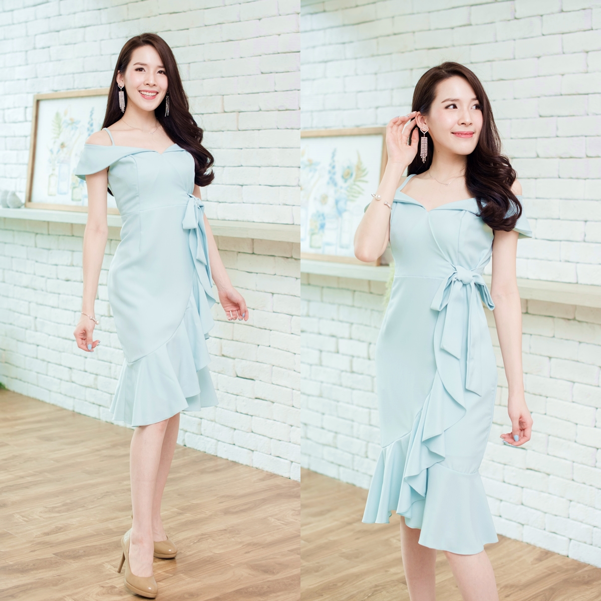 Tertia Off-Shoulder Dress : สีเขียวมิ้นท์ [Made by Pastel Time]