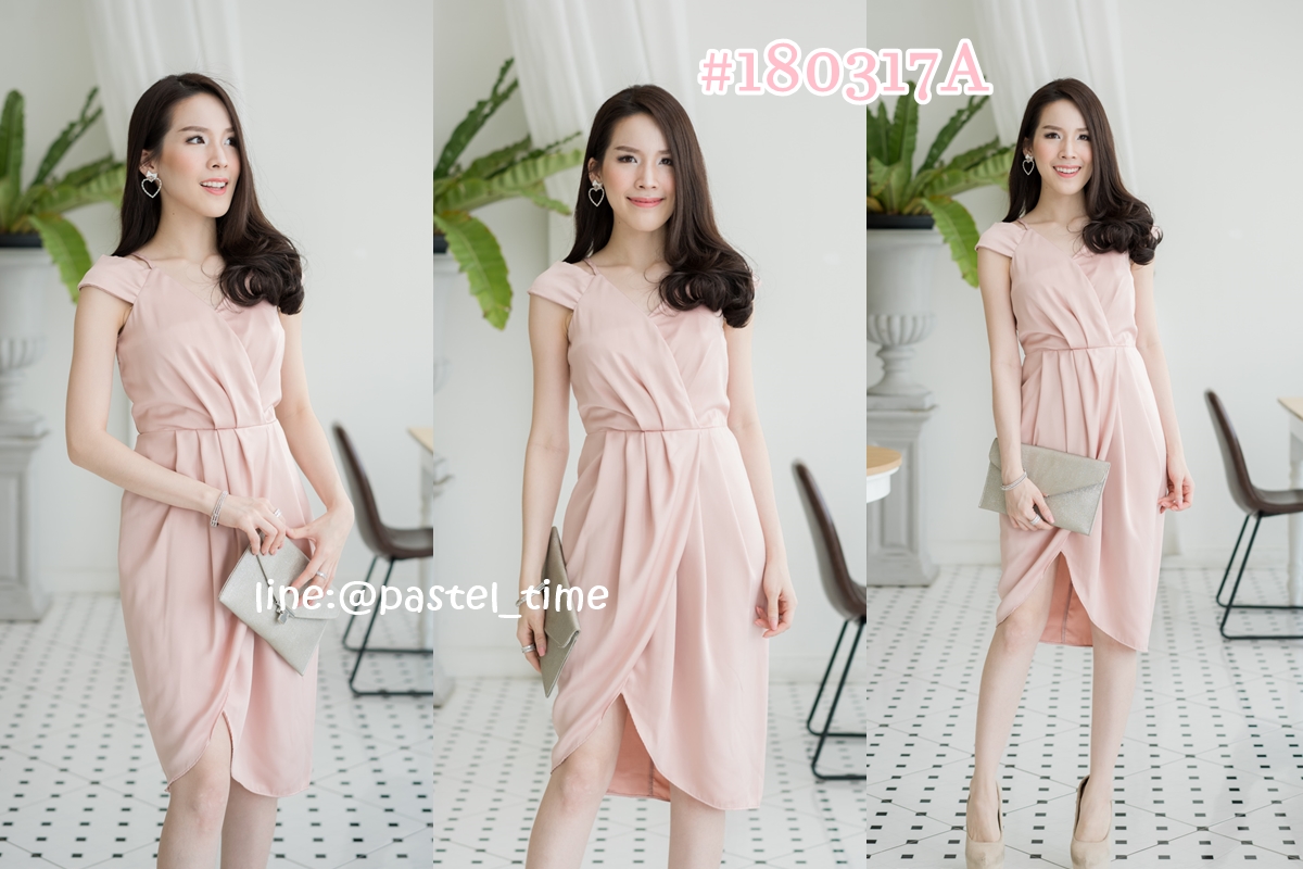 Fancille Drapery Satin Dress – Pink Champagne สีชมพูแชมเปญ