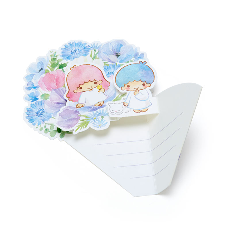 Sanrio Bouquet Pop up Card - ลาย Little Twin Stars กางออกมาจะเป็นช่อดอกไม้ มีพลาสติกรูปลูกไม้หุ้มด้านนอก มาพร้อมซอง เขียนด้านในได้ ขนาด 11 x 16.2 ซม.