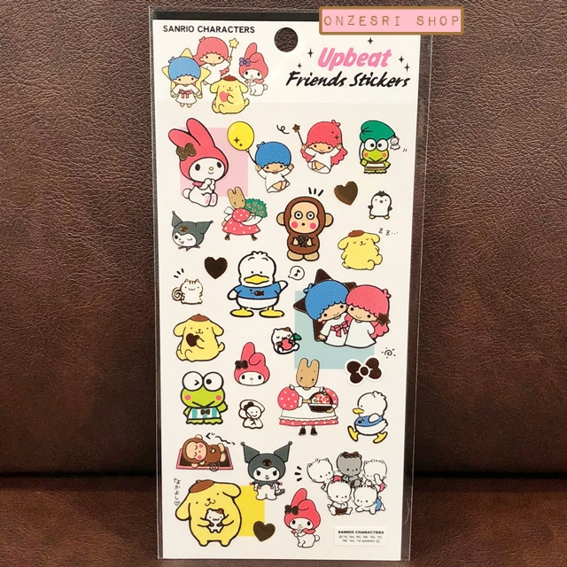 สติกเกอร์ Sanrio Upbeat Friends Sticker แบบด้านบนตัวอักษรชมพู เป็นแบบรวมตัวคาแรกเตอร์ซานริโอ้ มีแบบผสมขอบทอง สวย ๆ ขนาด 9.5 x 20 ซม.