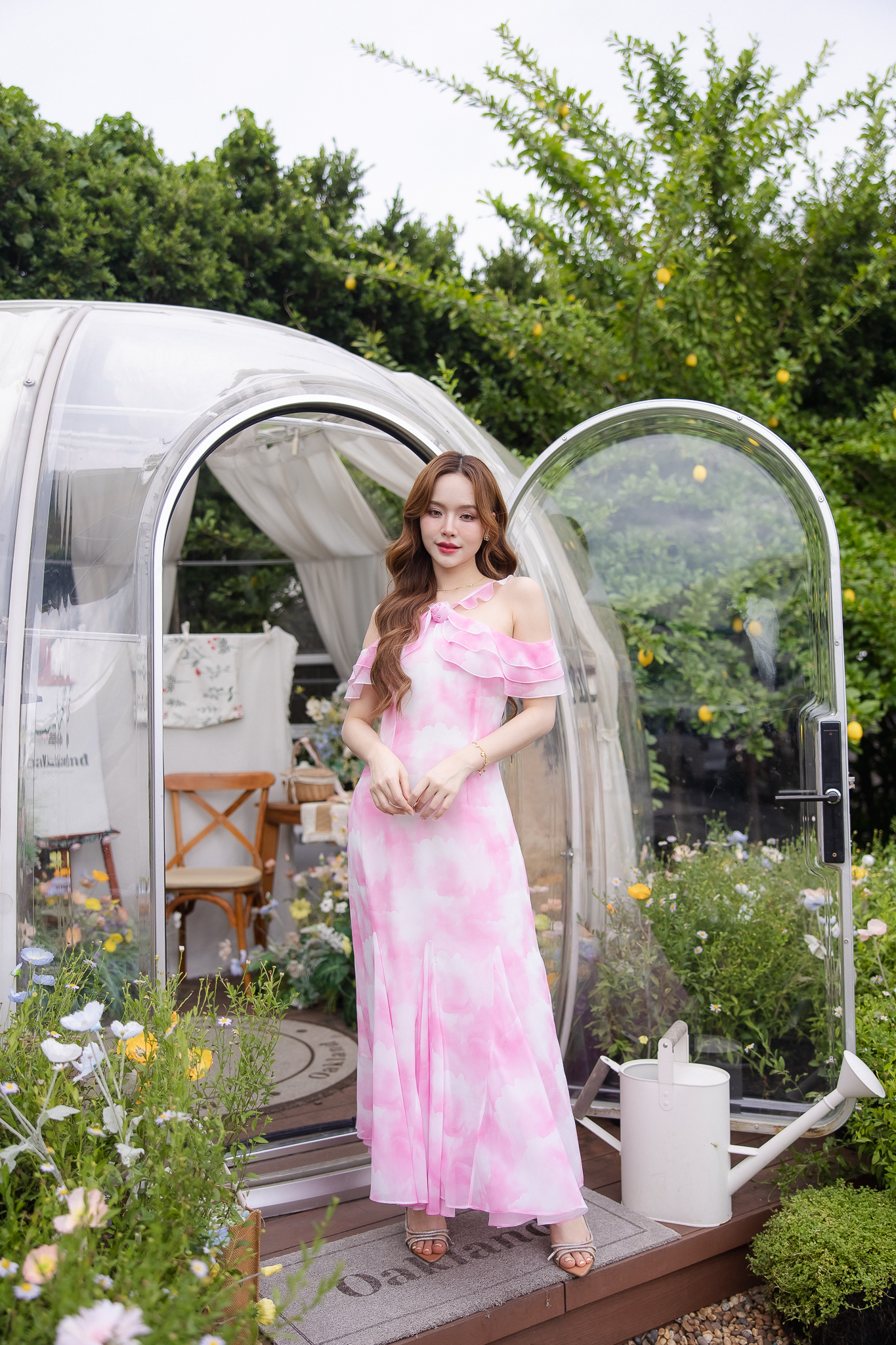 Pink Cloudy Off-Shoulder Maxi Dress ลายเมฆชมพู