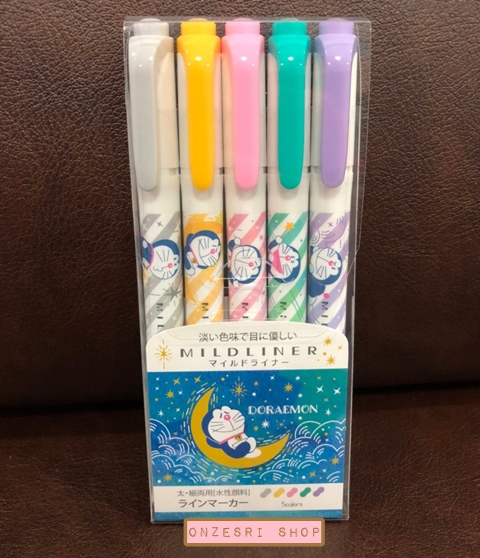ปากกาไฮไลต์ Zebra Mildliner 5 Colors Set ลาย Doraemon สีฟ้า มี 5 สีในเซ็ต ตรงด้ามเป็นลายน่ารัก สี Mild Grey, Mild Gold, Mild Pink, Mild Summer Green, Mild Violet
