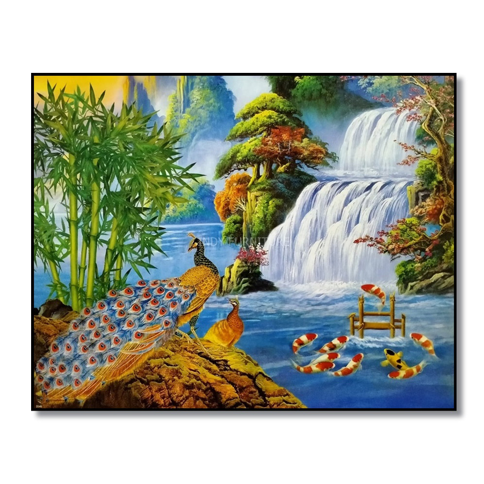 กรอบลอยภาพมงคล นกยูง น้ำตก ปลาคราฟ เสริมฮวงจุ้ย ขนาด 40x50x2 ซม. (2048)