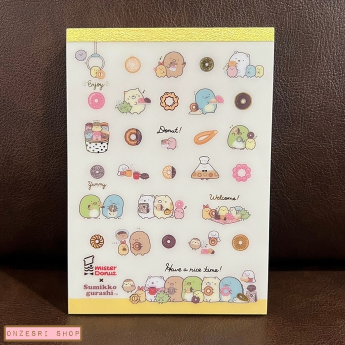 สมุดฉีก Sumikko Gurashi x Mister Donut แบบลายสีขาว ขนาด 14.8 x 10.5 ซม. มี 4 ลาย รวม 100 แผ่น