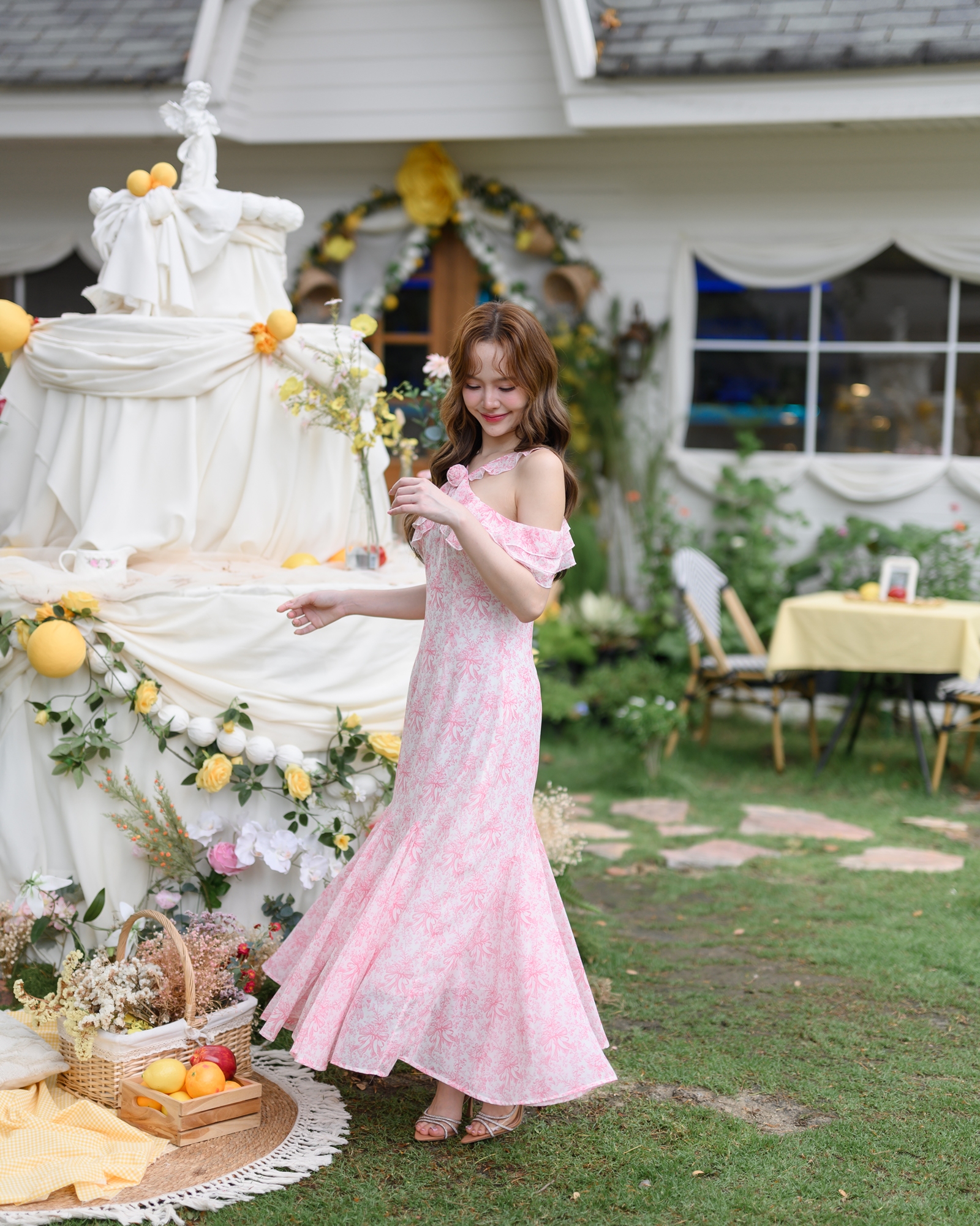 Pink Toile Bow Off-Shoulder Maxi Dress