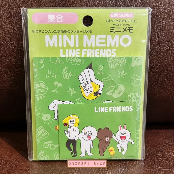 เซ็ตกระดาษจดหมายแบบมินิ LINE FRIENDS Mini Memo Vol.2 ลายรวมตัว Line สีเขียว กระดาษพับเป็นซองได้ มี 2 ลาย รวม 30 แผ่น พร้อมสติกเกอร์ 30 ดวง ขนาดแพ็คเกจ 9.3 x 12 ซม.