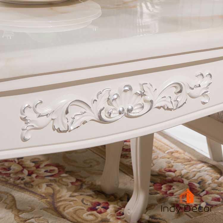 ชุดโต๊ะรับประทานอาหารหินอ่อน +เก้าอี้หลุยส์ไม้แกะลาย 6 ตัว หุ้มผ้าลายดอก สีขาว