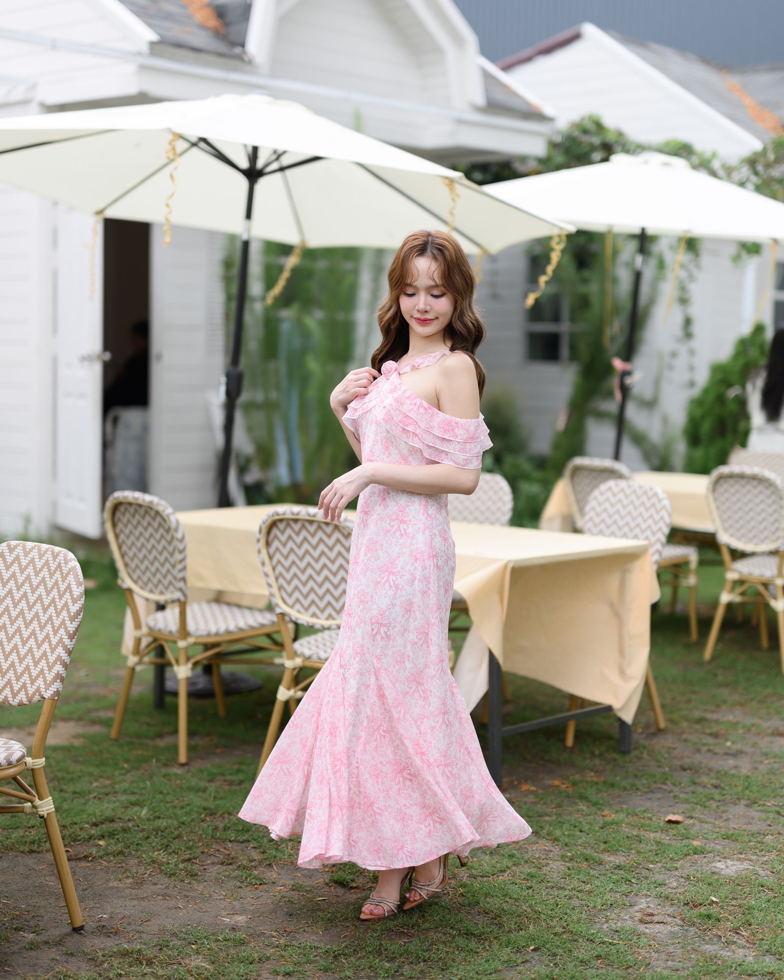 Pink Toile Bow Off-Shoulder Maxi Dress