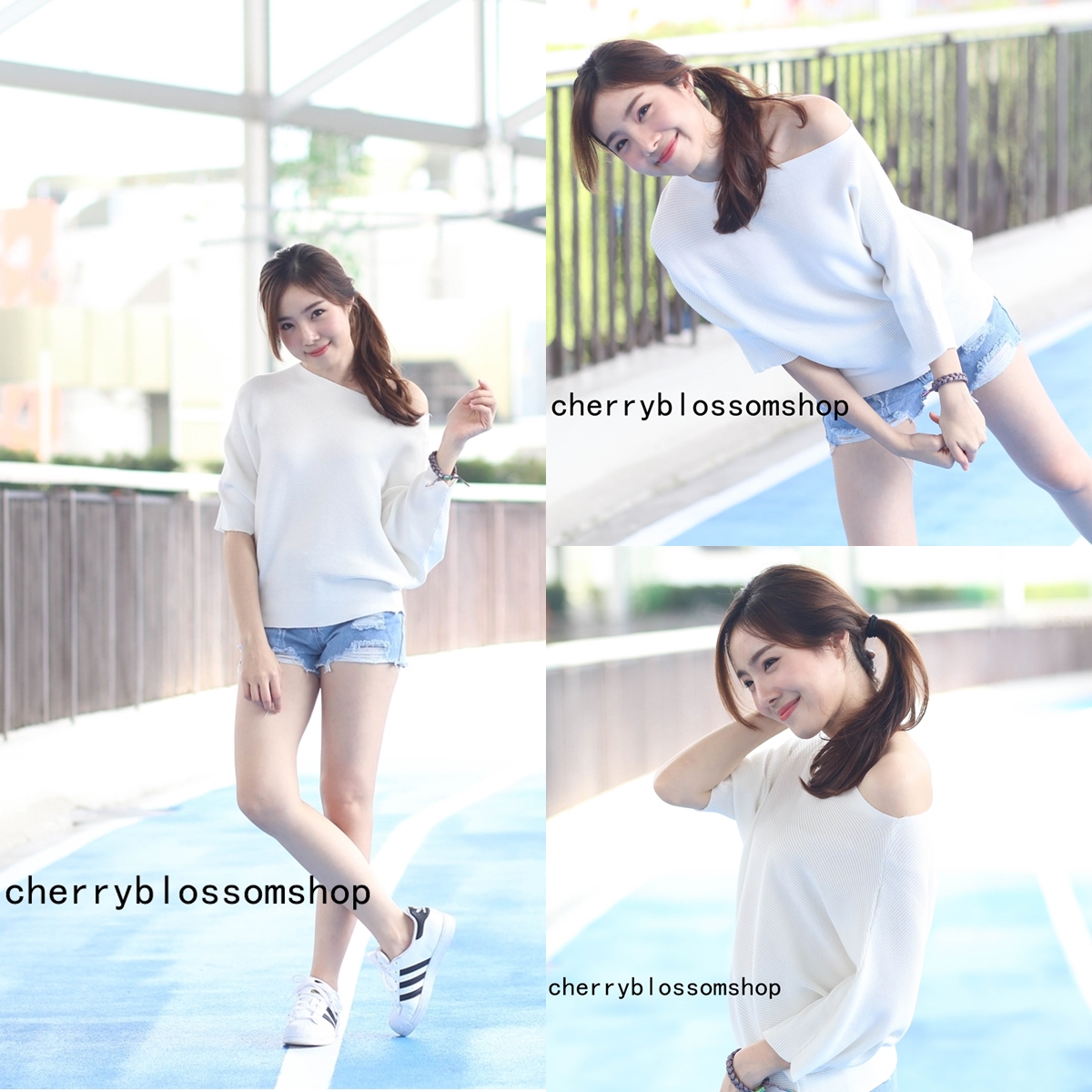 White Line Open shoulder Knitting Top