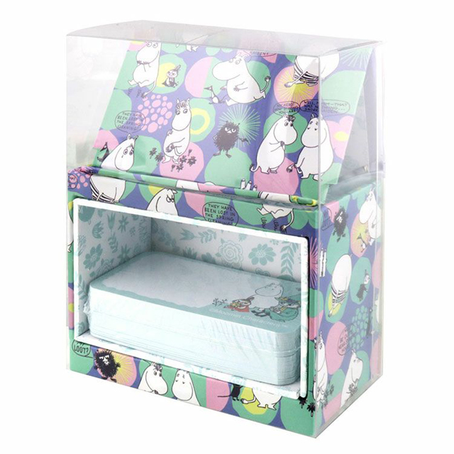กล่องกระดาษโน้ต Moomin Desk Stand Memo สีเขียวม่วง ขนาด 13 x 10 x 5 ซม. ตรงกล่องเป็นกระดาษแข็ง ด้านบนมีแม่เหล็ก กระดาษมี 200 แผ่น