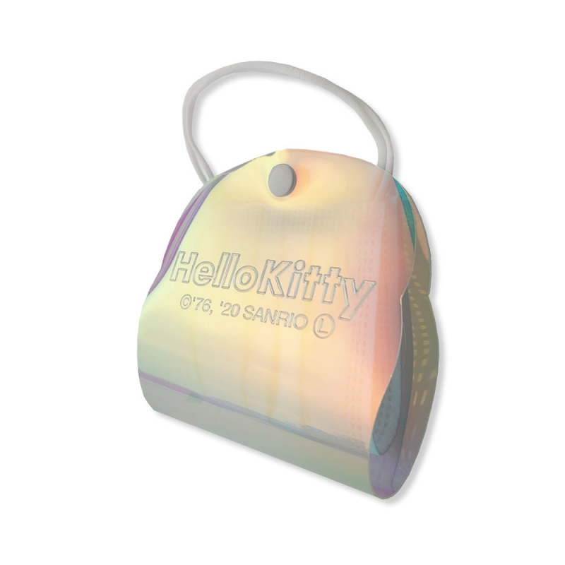 Sanrio Mask Bag แบบ Hello Kitty เป็นที่เก็บหน้ากากอนามัยแบบพับได้ ทำจาก TPU เป็นโฮโลแกรมวิ้ง ๆ มีกระดุมติด เวลาเก็บแล้วเอาสายหน้ากากมาทำเป็นหูกระเป๋า ขนาด 12 x 12 x 1.5 ซม.