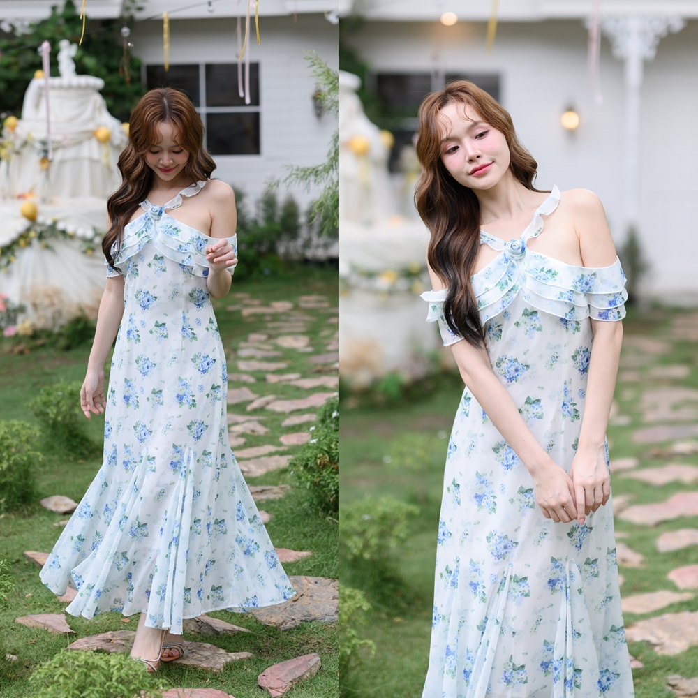Hydrangea Off-Shoulder Maxi Dress