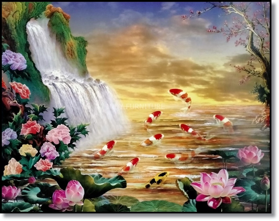 กรอบลอยภาพมงคล น้ำตก ปลาคราฟ ดอกโบตั๋น ดอกบัว ขนาด 40x50x2 ซม. (2922)