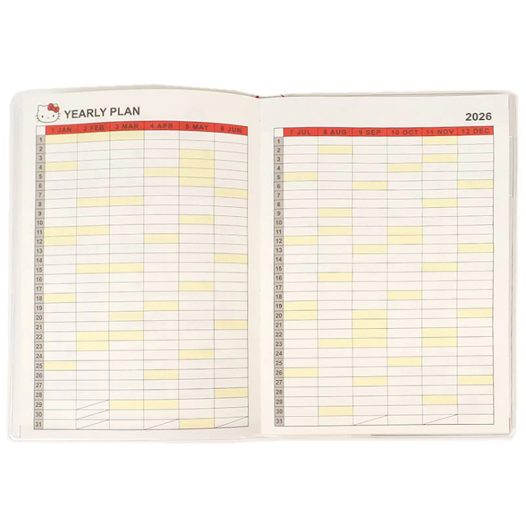 สมุด 2026 Schedule Book เล่มบาง B6 ลาย Hello Kitty สีครีมแดง ขนาด 18.7 x 13.5 x 0.7 ซม. (80 หน้า) มีให้จดตั้งแต่เดือน 10/2025 - 3/2027 เป็นปฎิทินแบบ monthly ช่องกลาง จดได้เยอะ และมี sticker