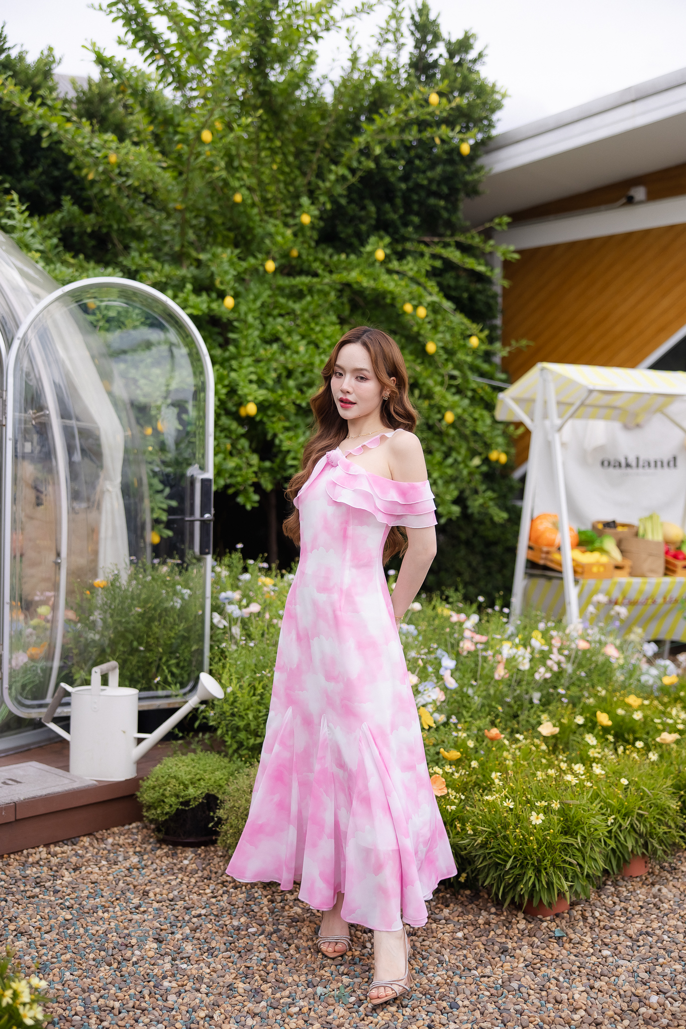 Pink Cloudy Off-Shoulder Maxi Dress ลายเมฆชมพู
