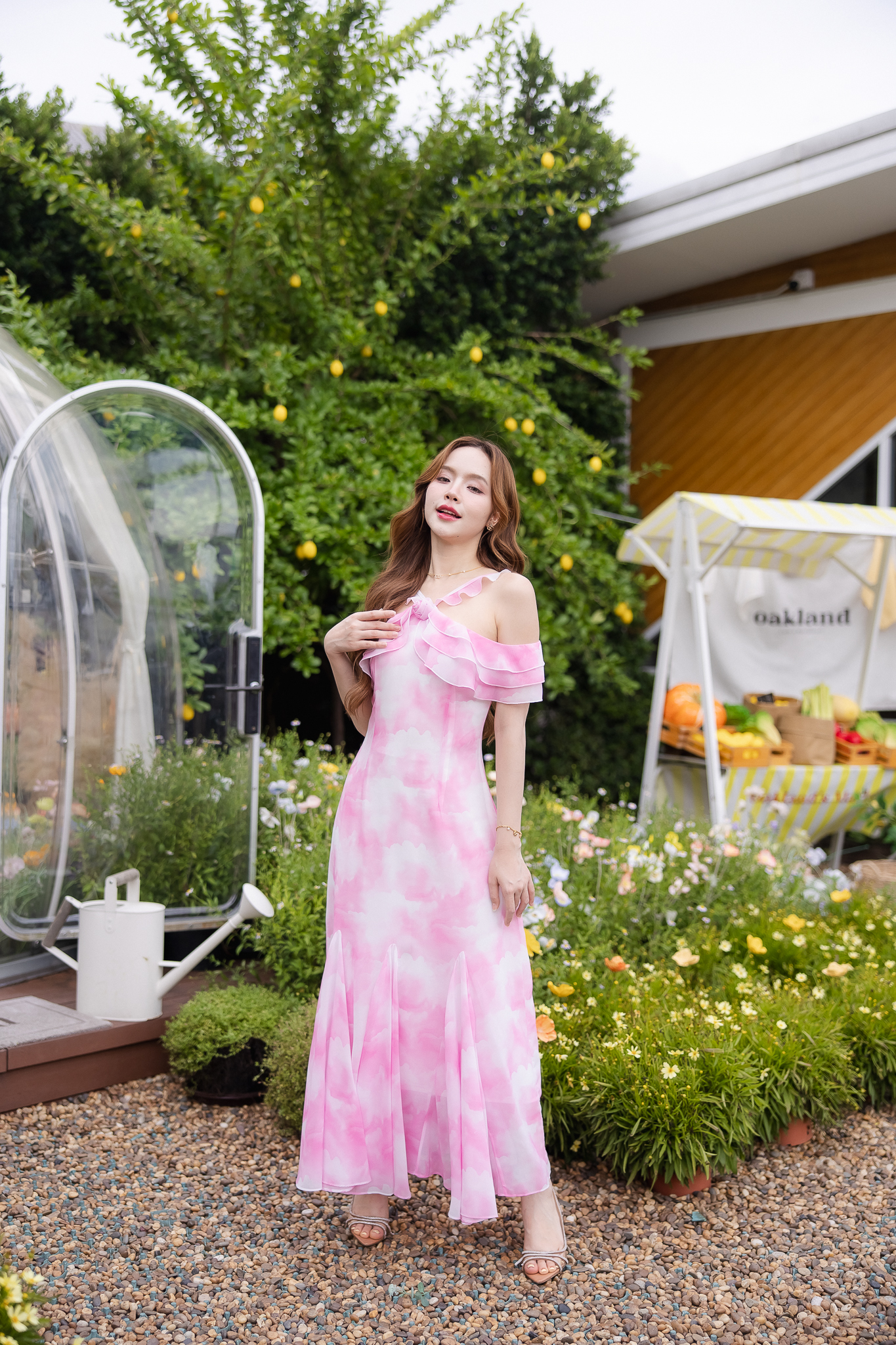 Pink Cloudy Off-Shoulder Maxi Dress ลายเมฆชมพู