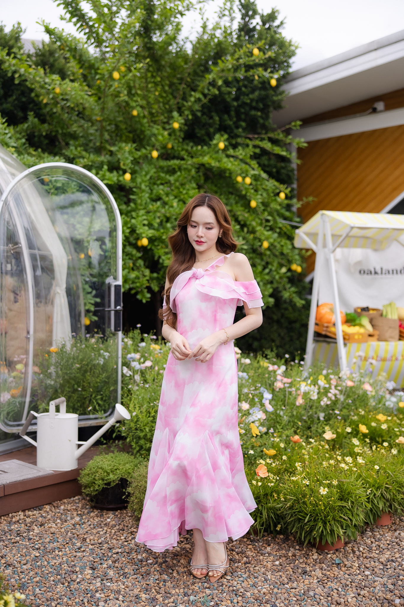 Pink Cloudy Off-Shoulder Maxi Dress ลายเมฆชมพู
