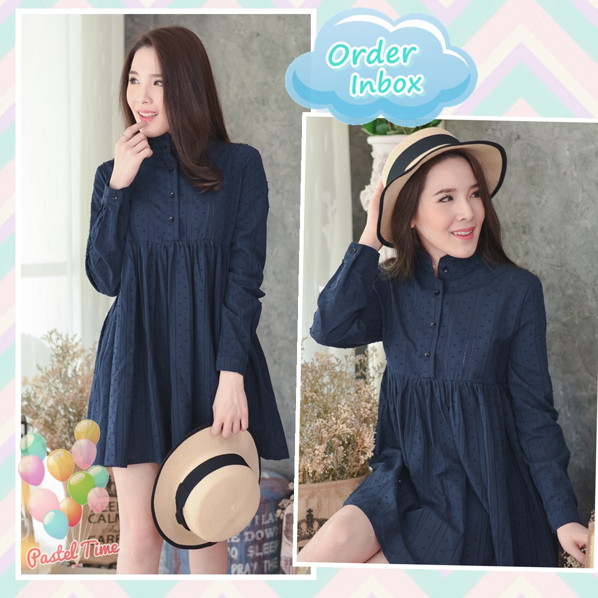Korean Vintage Dress in Navy Blue