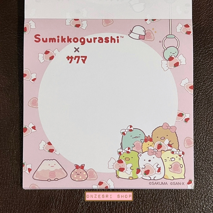 กระดาษโน้ต Sumikko Gurashi x Sakuma Strawberry Milk Candy Block Memo แบบสีชมพู ขนาด 10 x 10 ซม. มี 4 ลาย รวม 120 แผ่น