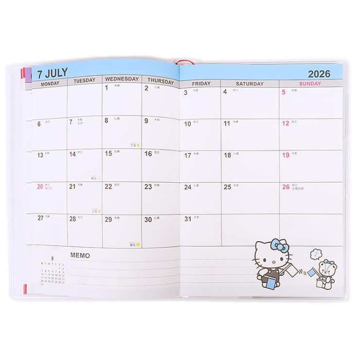 สมุด 2026 Schedule Book เล่มบาง B6 ลาย Hello Kitty สีครีมแดง ขนาด 18.7 x 13.5 x 0.7 ซม. (80 หน้า) มีให้จดตั้งแต่เดือน 10/2025 - 3/2027 เป็นปฎิทินแบบ monthly ช่องกลาง จดได้เยอะ และมี sticker