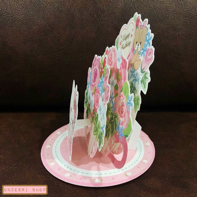 Sanrio Birthday Card - Pop up ลาย Hello Kitty Tea Time การ์ดอวยพรวันเกิดลาย Hello Kitty ถ้วยชา ดอกไม้ น่ารักมาก เขียนด้านล่างได้ มาพร้อมซอง ขนาดก่อนกาง 11.5 x 11.6 x 10.2 ซม.