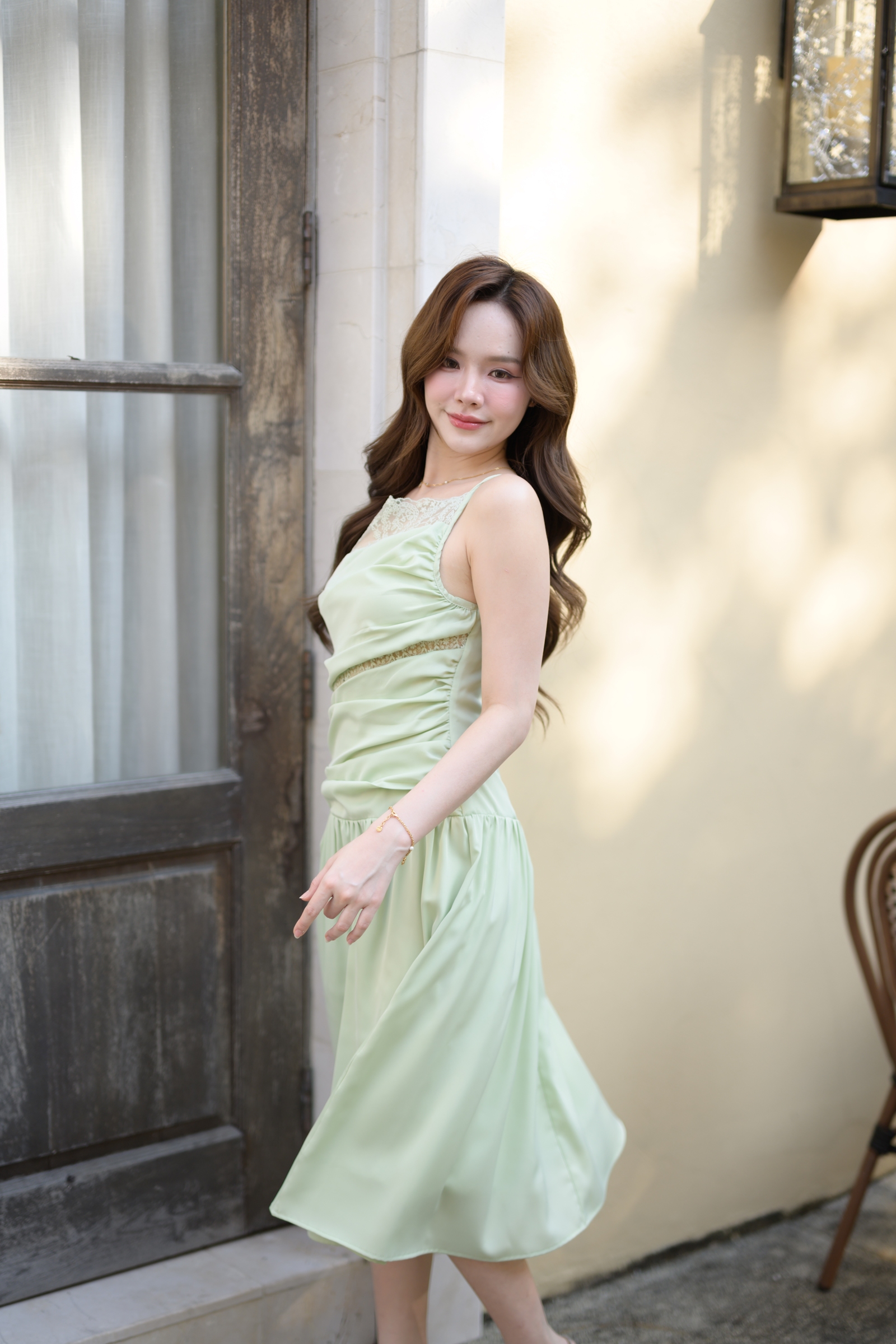 Elise Draped Lace Midi Dress : สีเขียว [Made by Pastel Time]