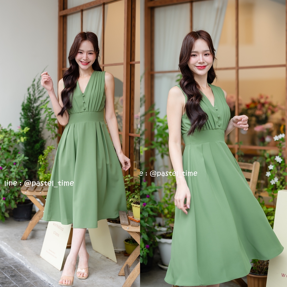 Aubrey Midi Dress : สีเขียว [Made by Pastel Time]