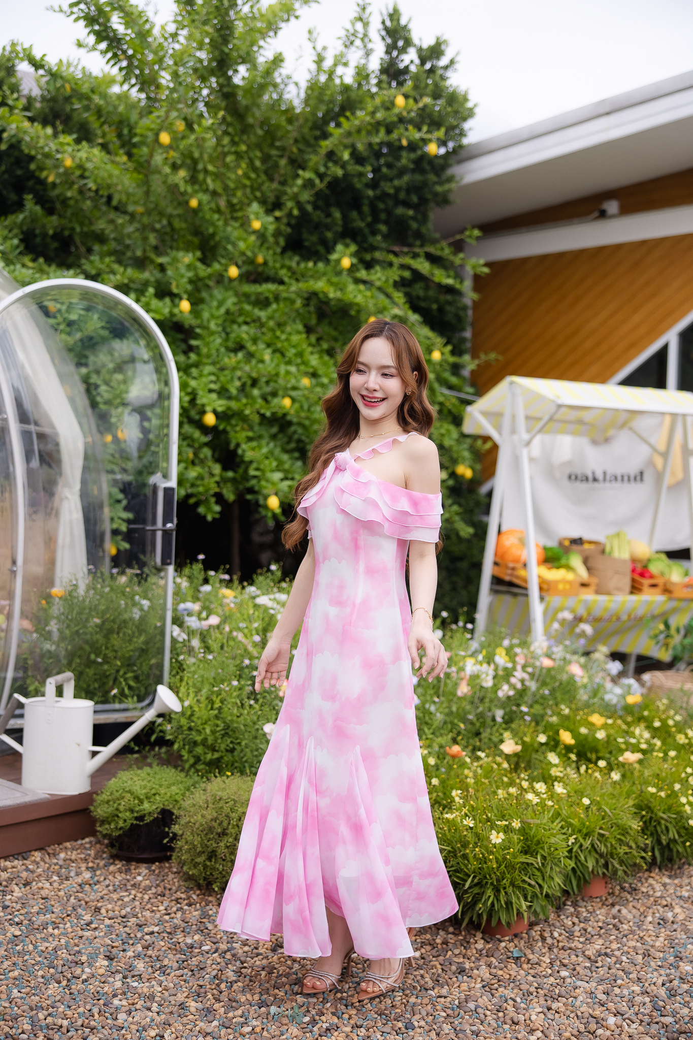 Pink Cloudy Off-Shoulder Maxi Dress ลายเมฆชมพู