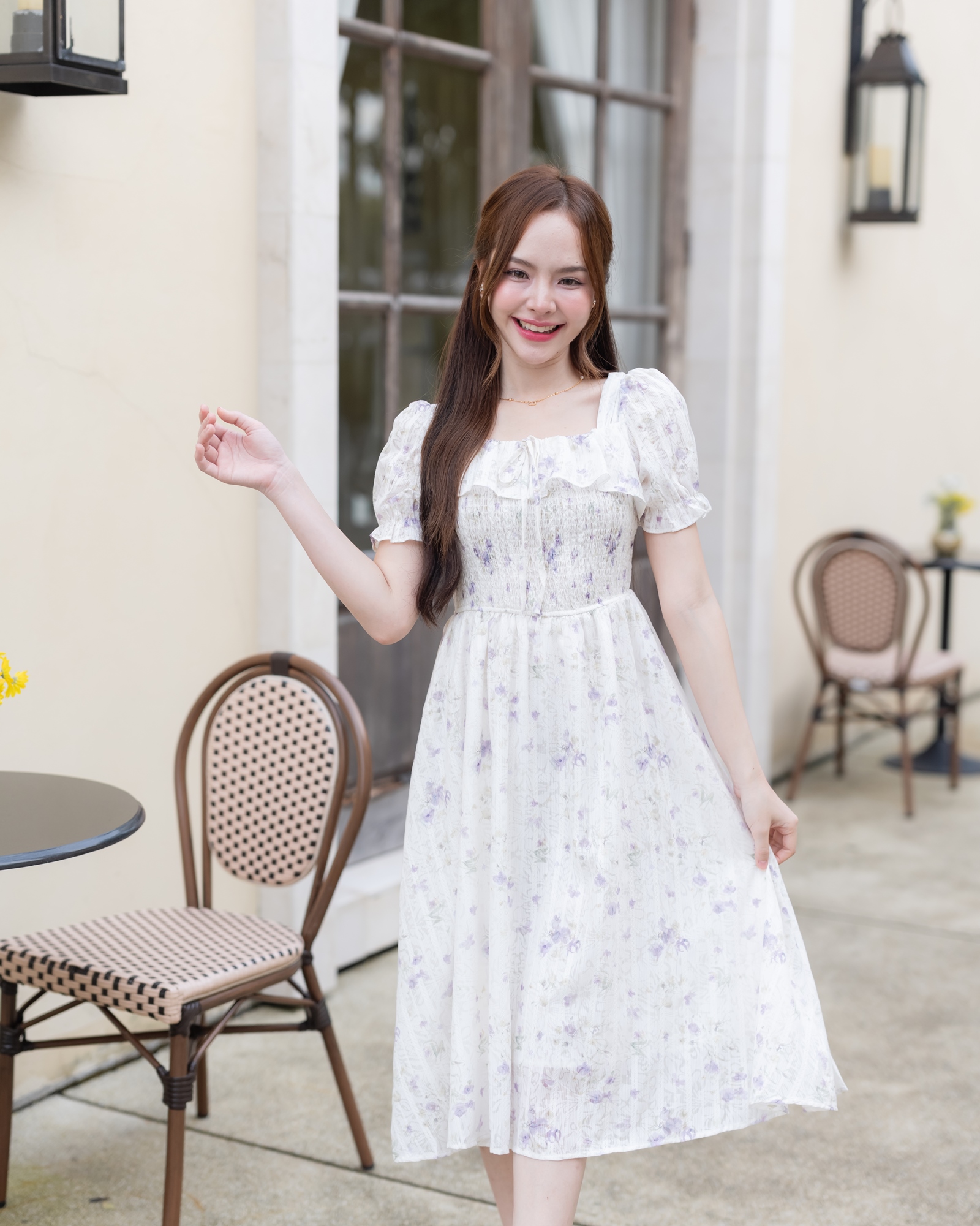 Florence Vintage Dress : ลายดอกไม้สีม่วง