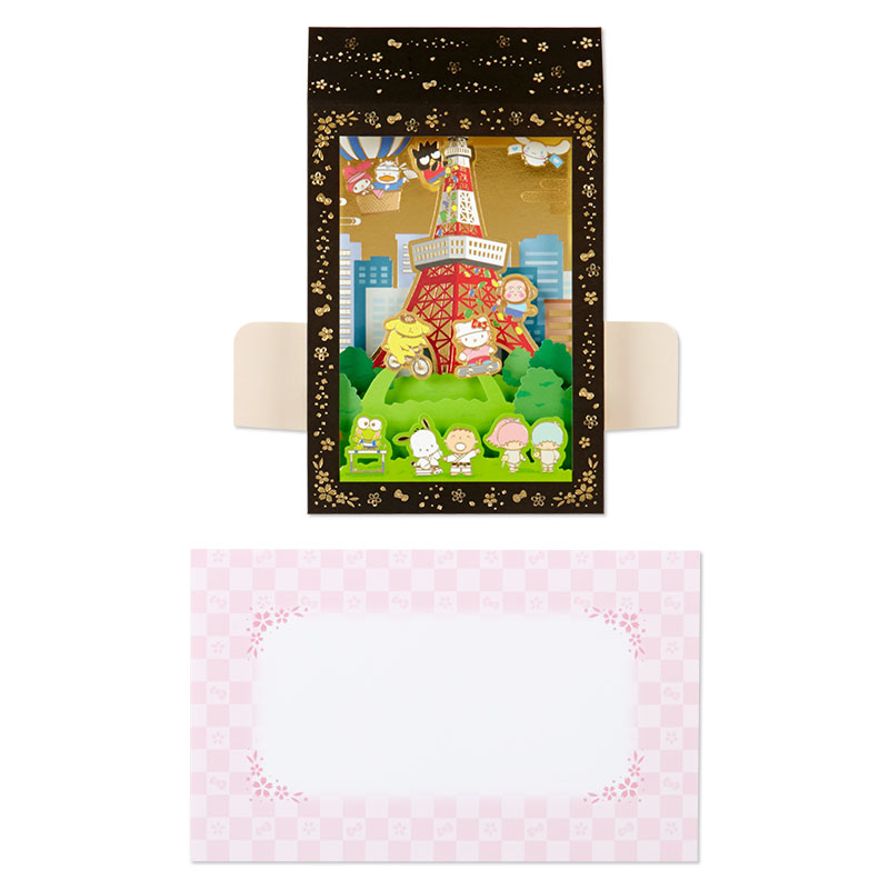 Sanrio Card - Pop up ลาย Sanrio - Sporty at Tokyo Tower (Japan Limited) ใบใหญ่ เป็นแบบรวมชาว Sanrio เล่นกีฬา บรรยากาศแบบญี่ปุ่น ตรงขอบเป็นสีทอง ด้านหลังเขียนได้ มาพร้อมซองลายน่ารัก ขนาดก่อนกาง 13.5 x 0.5 x 22.6 ซม.