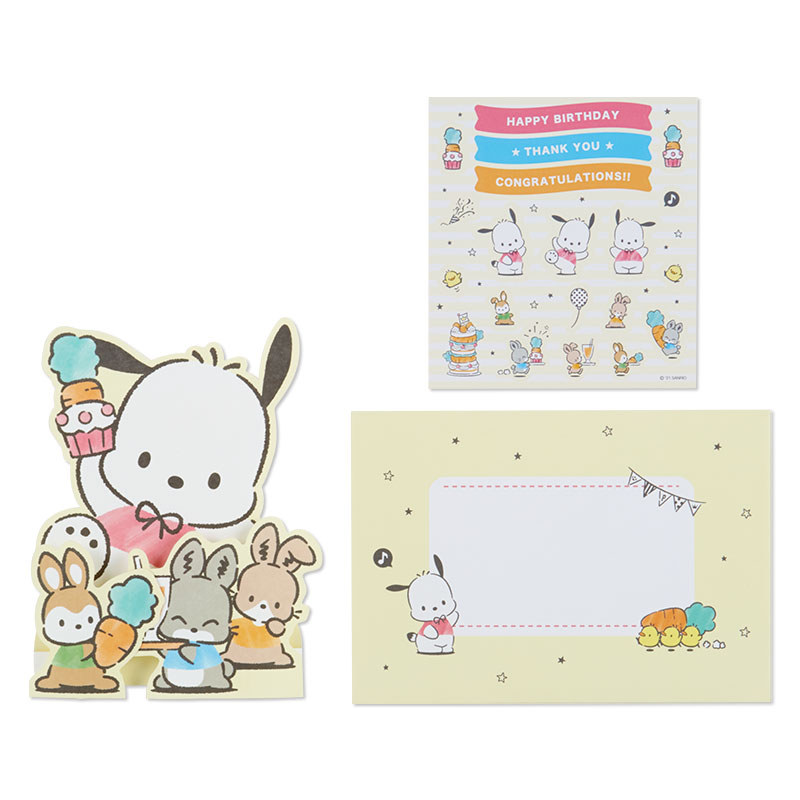 การ์ดเปล่า Sanrio & Seal Card แบบ Pochacco สามารถเขียนด้านในได้ มีสติกเกอร์น่ารักให้แปะได้ 1 แผ่น มาพร้อมซองลายน่ารักเข้ากัน ขนาดประมาณ 16.2 x 11 ซม.