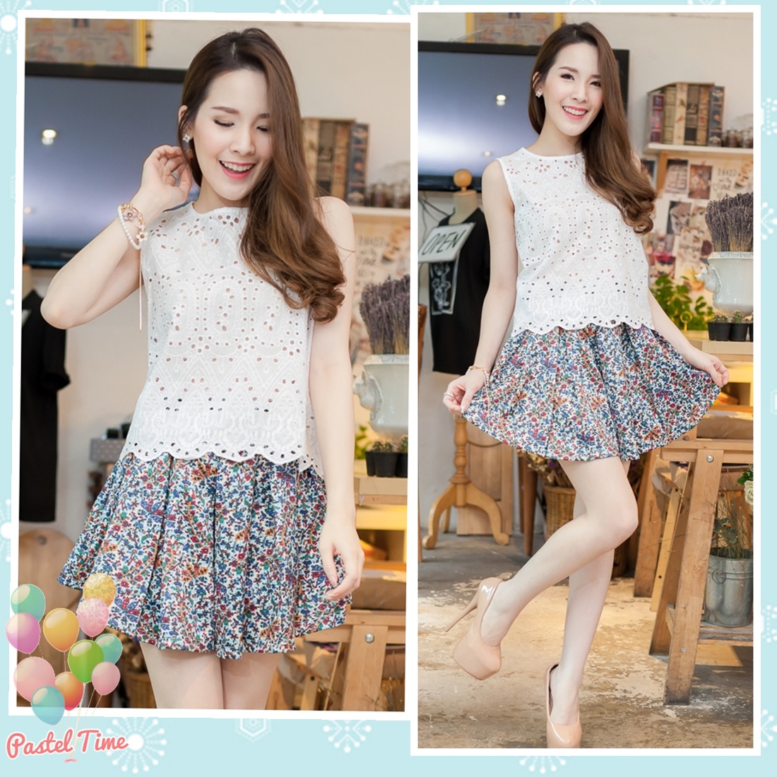 White Lace Top + Flower Pants Set (เซทเสื้อ +กางเกง)