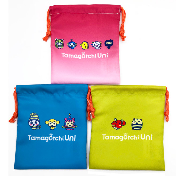 เซ็ตกระเป๋ารูดเชือก 3 ใบ ลาย Tamagotchi Uni จากญี่ปุ่น ขนาด 21 x 18 ซม.