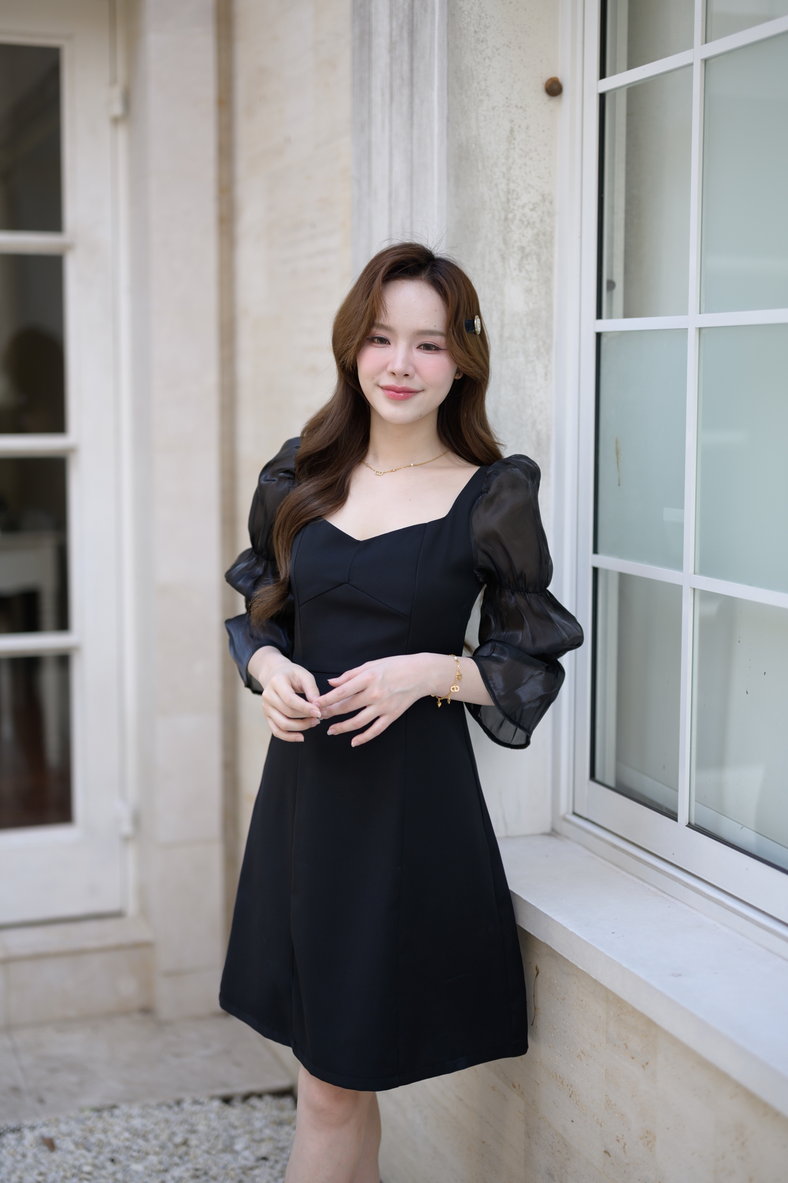 Evie Organza Puff Dress เดรสแขนพัฟ: สีดำ [Made by Pastel Time]