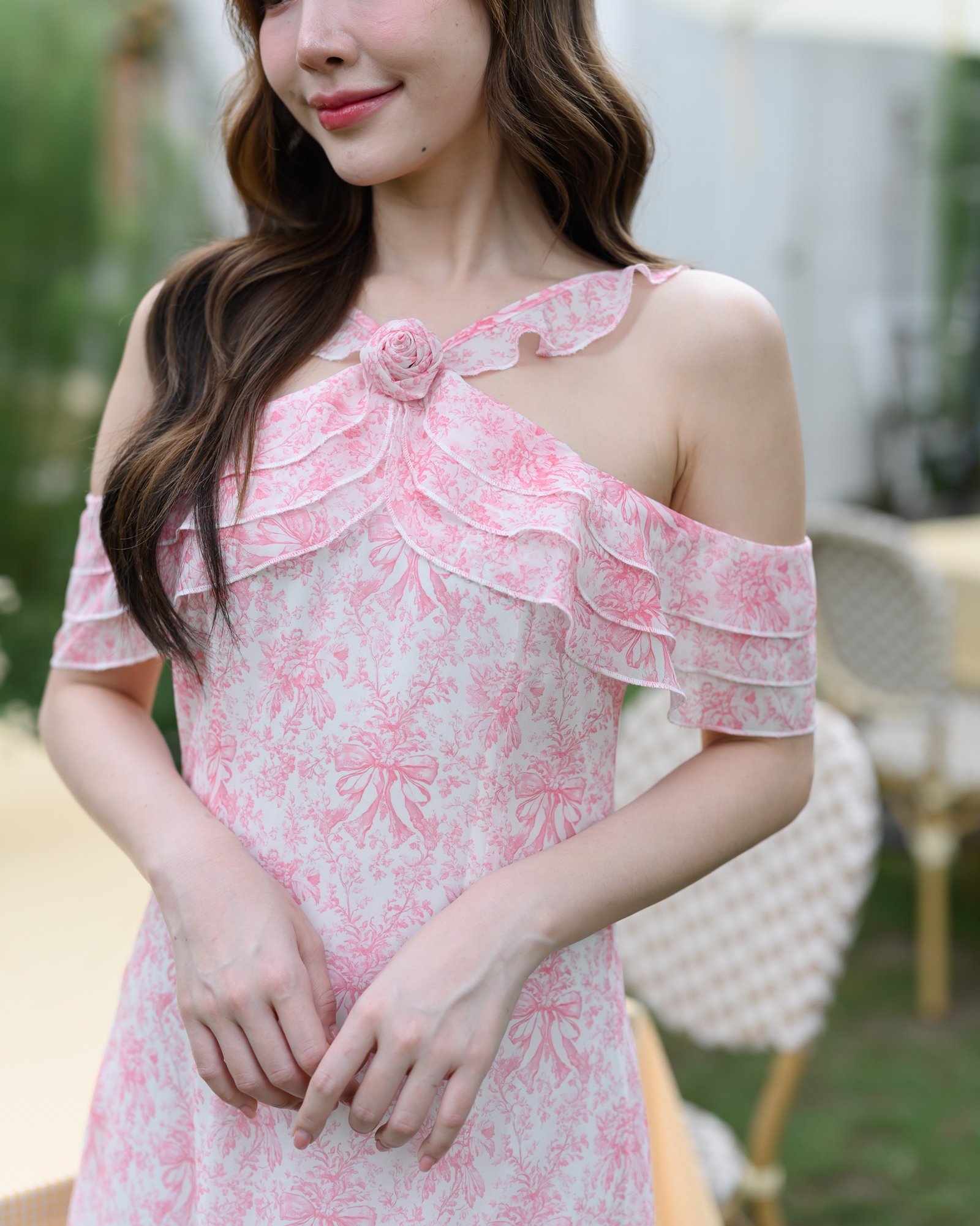 Pink Toile Bow Off-Shoulder Maxi Dress