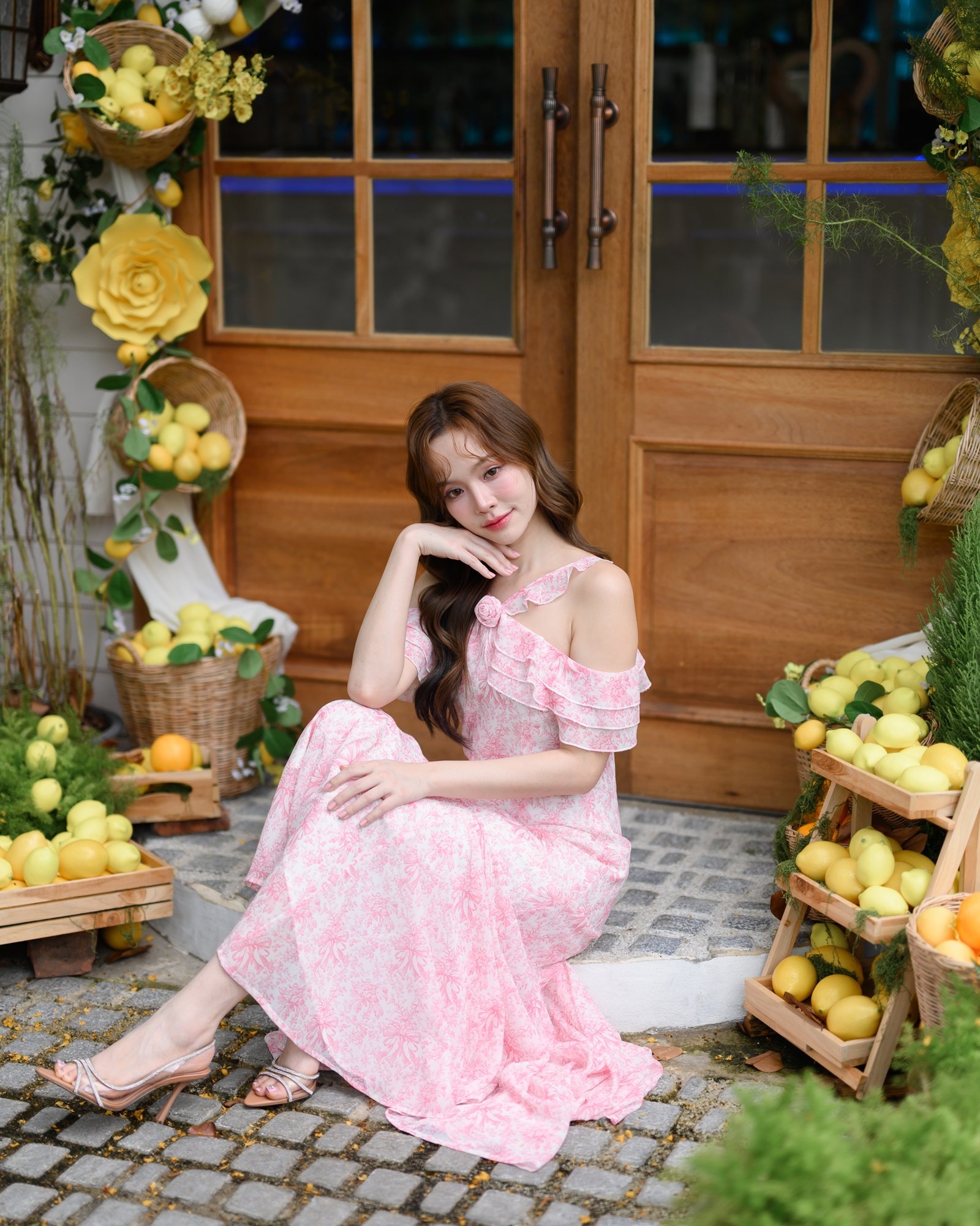 Pink Toile Bow Off-Shoulder Maxi Dress