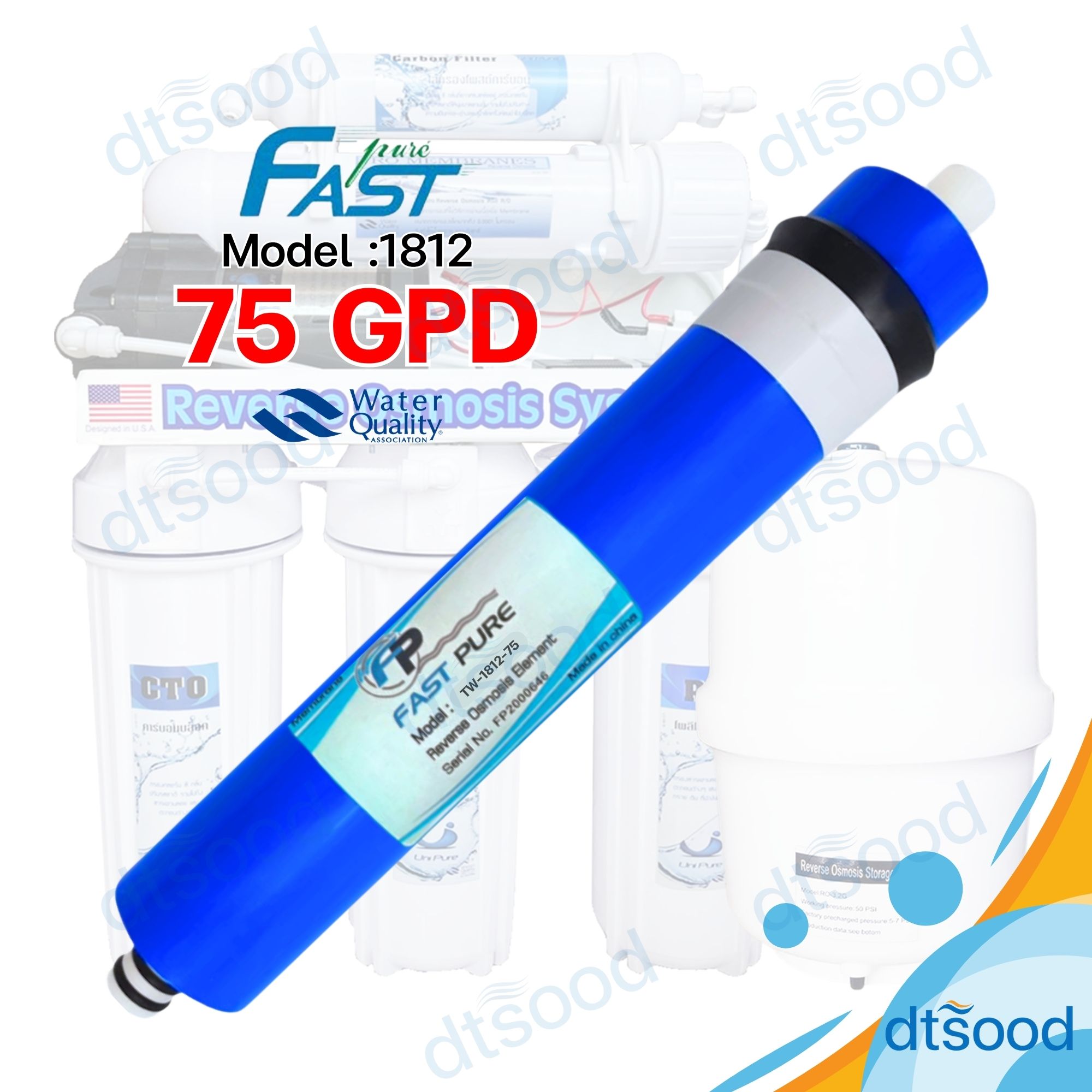 ไส้กรองน้ำ RO Membrane ขนาด 75 GPD ยี่ห้อ Fast pure กรองละเอียด 0.0001 ไมครอน