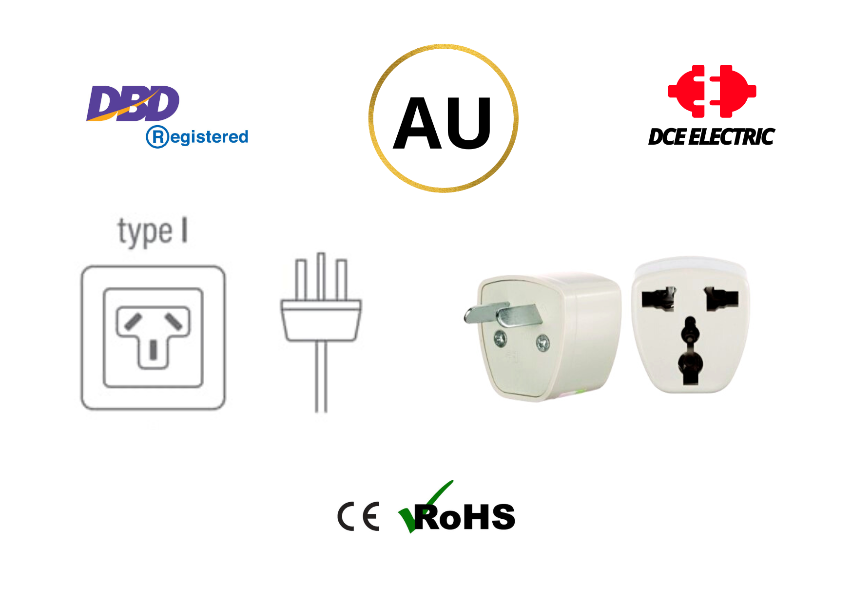 DCE ปลั๊กแปลงออสเตรเลีย นิวซีแลนด์ จีน หัวแปลงปลั๊กไฟเพื่อใช้ใน Australia, New Zealand, China สีขาว (Type I)