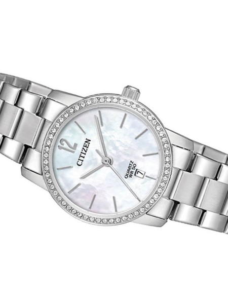 CITIZEN Quartz ผู้หญิง รุ่น EU6030-81D (หน้าขาวมุก สายสแตนเลส ขอบคริสตัล) เครื่องศูนย์ไทย